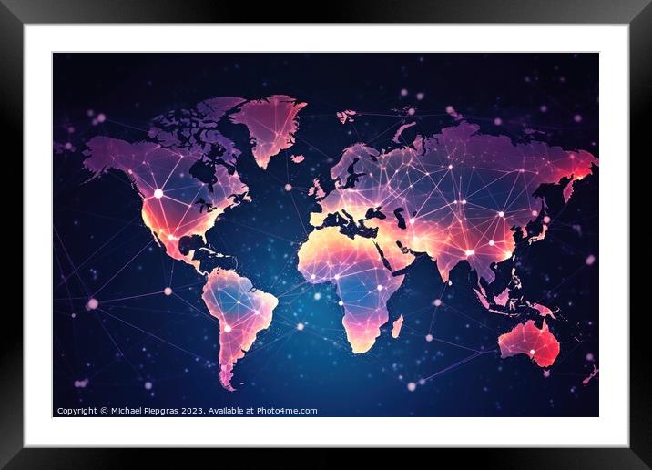 World map with network structures globalization concept created with generative AI technology Framed Mounted Print by Michael Piepgras