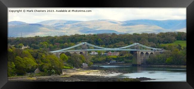 Menai Suspension Bridge and hills Framed Print by Mark Chesters