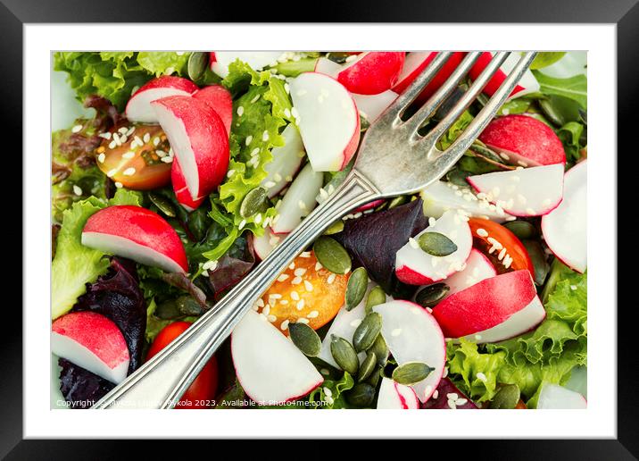 Light spring salad with vegetables and greens. Framed Mounted Print by Mykola Lunov Mykola