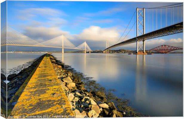 Forth Bridges.from South Queensferry.tif Canvas Print by Andrew Ray