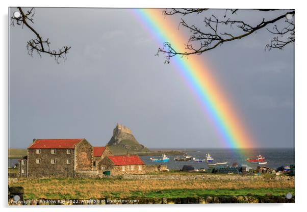 Rainbow over Lindisfarne Castle Acrylic by Andrew Ray