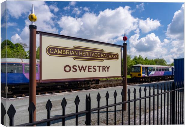 Oswestry railway station sign in Shropshire Canvas Print by Steve Heap