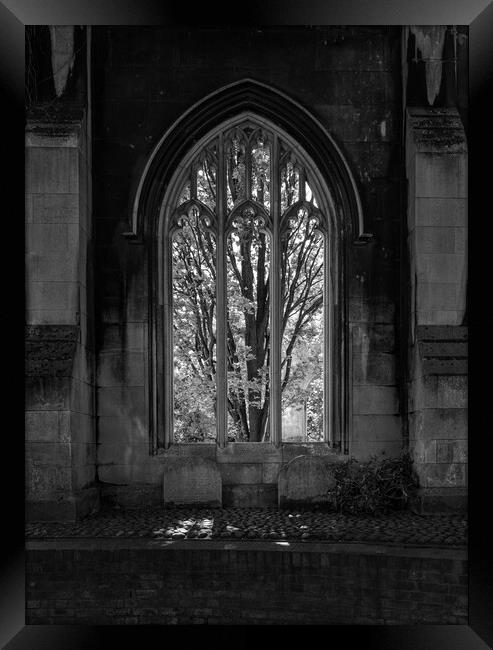 Monochrome view of the empty windows of St Dunstan church Framed Print by Steve Heap