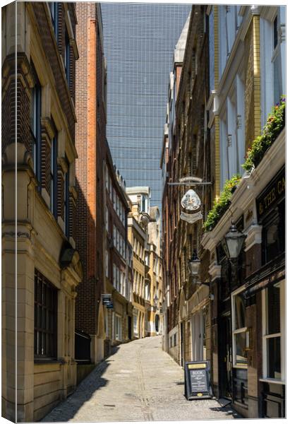 Lovat Lane in the City of London with skyscrapers filling sky Canvas Print by Steve Heap