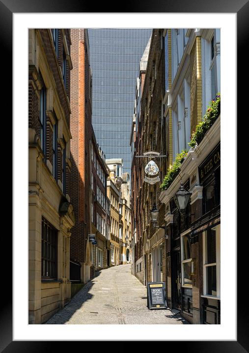 Lovat Lane in the City of London with skyscrapers filling sky Framed Mounted Print by Steve Heap