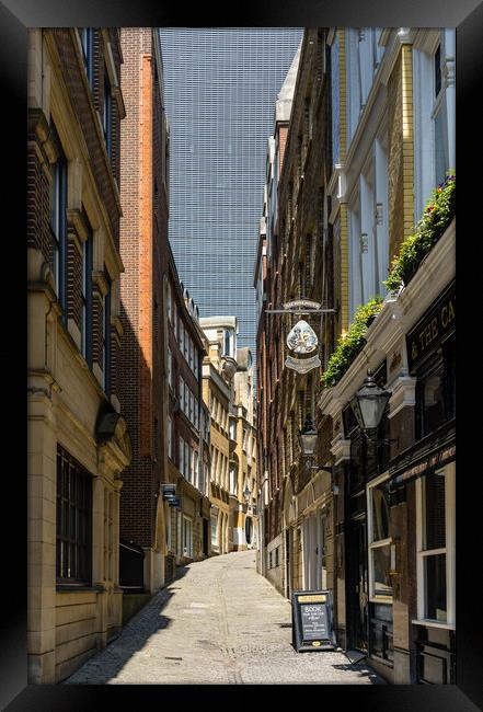 Lovat Lane in the City of London with skyscrapers filling sky Framed Print by Steve Heap