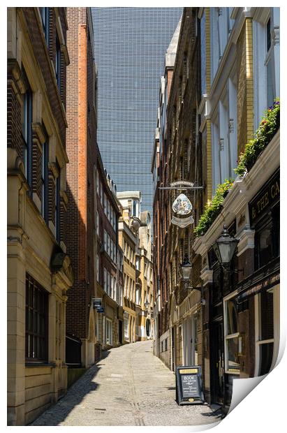 Lovat Lane in the City of London with skyscrapers filling sky Print by Steve Heap