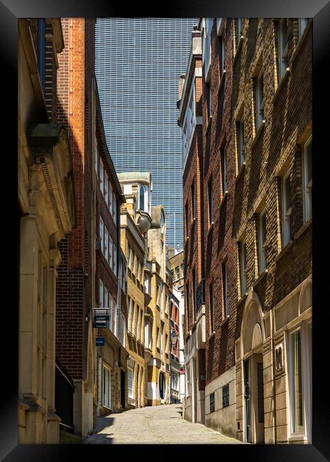 Lovat Lane in the City of London with skyscrapers  Framed Print by Steve Heap