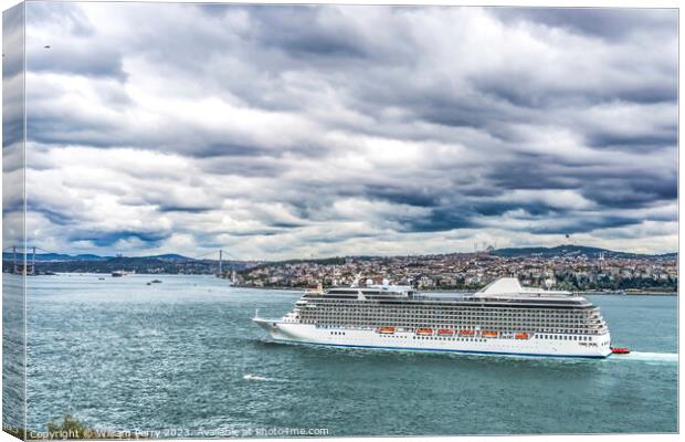 Cruise Ship Bridge Buildings Bosphorus Strait Istanbul Turkey Canvas Print by William Perry