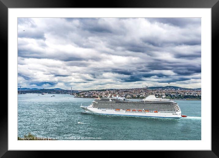 Cruise Ship Bridge Buildings Bosphorus Strait Istanbul Turkey Framed Mounted Print by William Perry