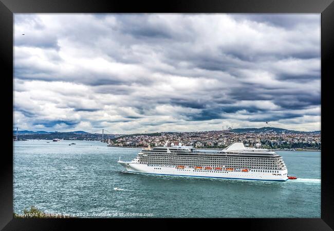 Cruise Ship Bridge Buildings Bosphorus Strait Istanbul Turkey Framed Print by William Perry