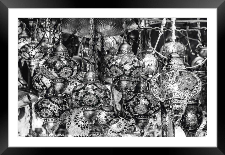 Black White Turkish Mosaic Lamps Ornaments Grand Bazaar Istanbul Framed Mounted Print by William Perry