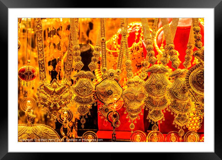 Colorful Golden Jewelry Necklaces Grand Bazaar Istanbul Turkey Framed Mounted Print by William Perry