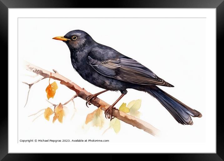 Watercolor Blackbird on a white background created with generati Framed Mounted Print by Michael Piepgras