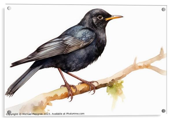 Watercolor Blackbird on a white background created with generati Acrylic by Michael Piepgras