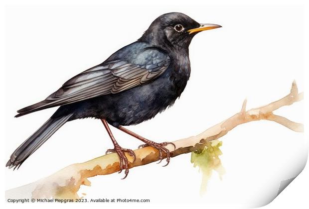 Watercolor Blackbird on a white background created with generati Print by Michael Piepgras