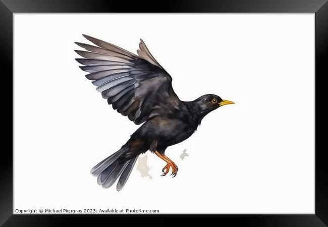 Watercolor Blackbird on a white background created with generati Framed Print by Michael Piepgras