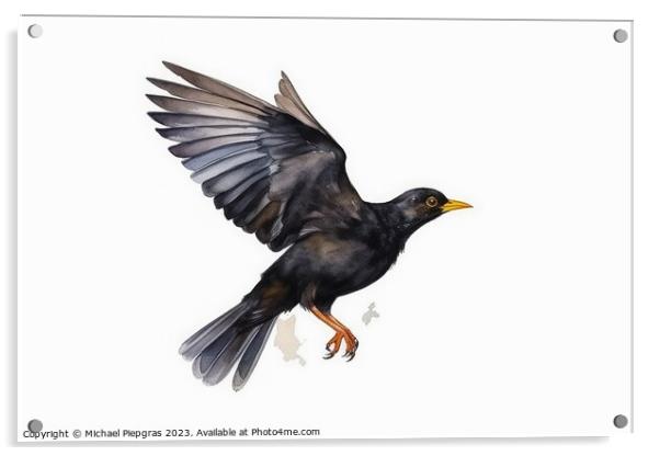 Watercolor Blackbird on a white background created with generati Acrylic by Michael Piepgras