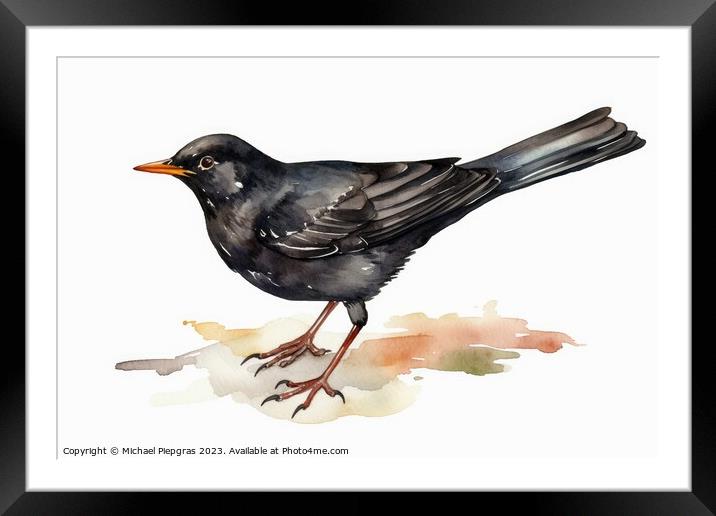 Watercolor Blackbird on a white background created with generati Framed Mounted Print by Michael Piepgras