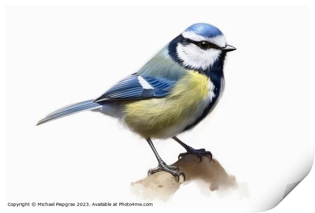 Watercolor blue tit on a white background created with generativ Print by Michael Piepgras