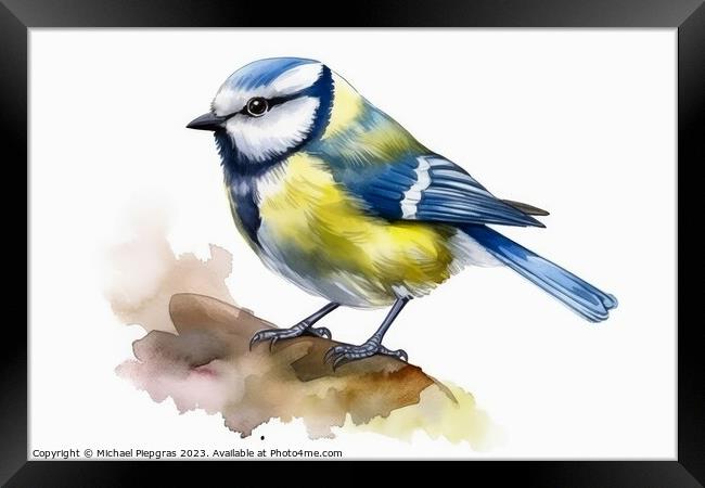 Watercolor blue tit on a white background created with generativ Framed Print by Michael Piepgras