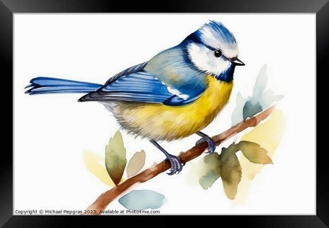 Watercolor blue tit on a white background created with generativ Framed Print by Michael Piepgras