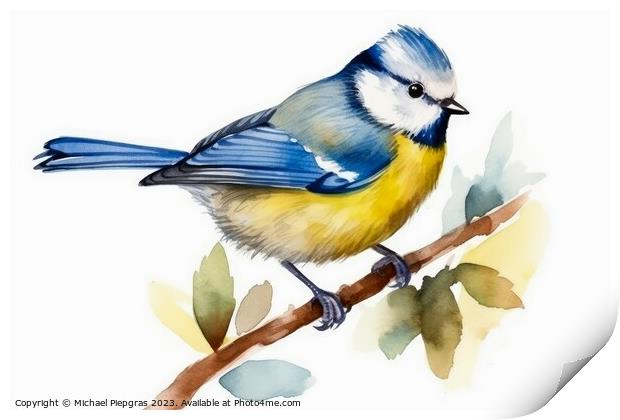 Watercolor blue tit on a white background created with generativ Print by Michael Piepgras
