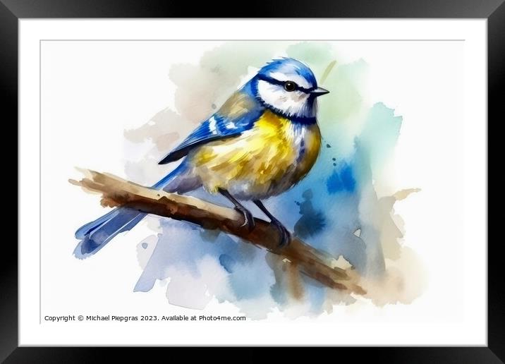 Watercolor blue tit on a white background created with generativ Framed Mounted Print by Michael Piepgras