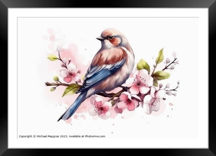 Watercolor linnet on a white background created with generative  Framed Mounted Print by Michael Piepgras