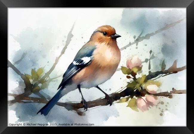 Watercolor chaffinch on a white background created with generati Framed Print by Michael Piepgras