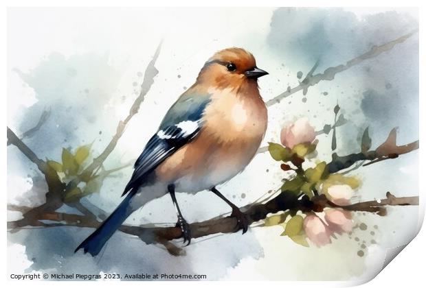 Watercolor chaffinch on a white background created with generati Print by Michael Piepgras