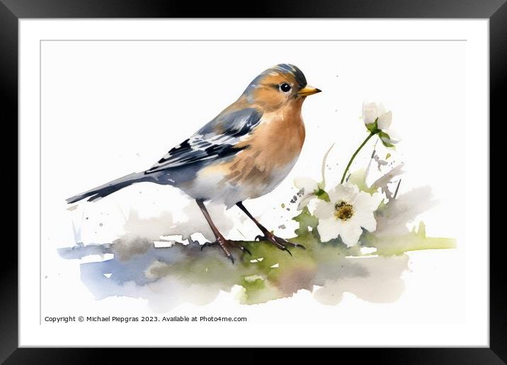 Watercolor chaffinch on a white background created with generati Framed Mounted Print by Michael Piepgras