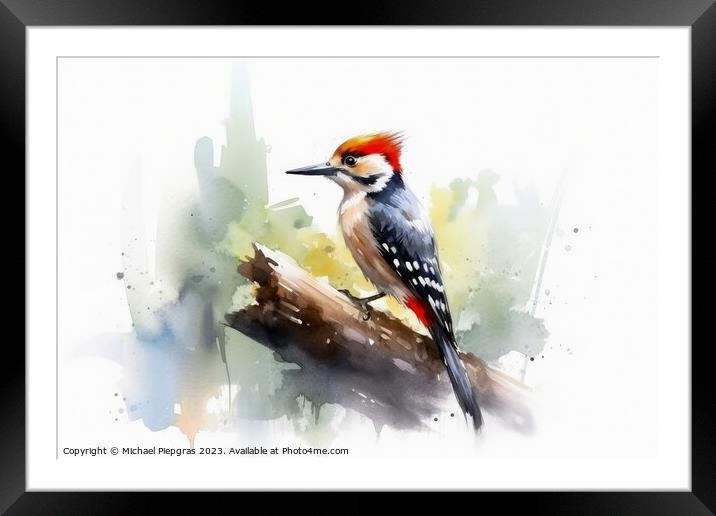 Watercolor spotted woodpecker on a white background created with Framed Mounted Print by Michael Piepgras