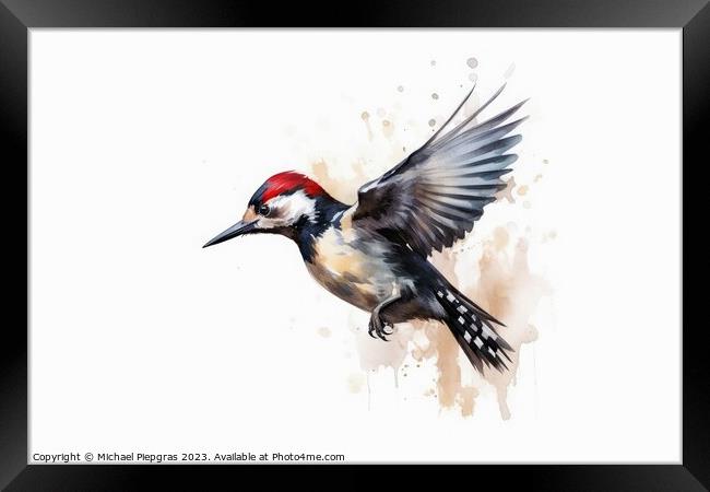 Watercolor spotted woodpecker on a white background created with Framed Print by Michael Piepgras