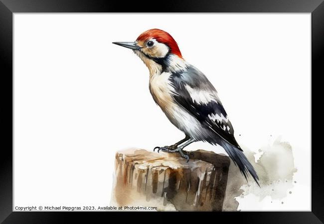 Watercolor spotted woodpecker on a white background created with Framed Print by Michael Piepgras