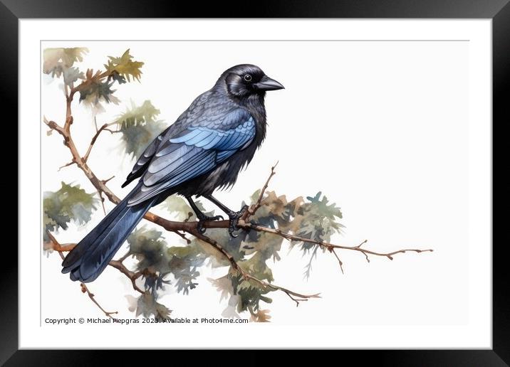 Watercolor jackdaw on a white background created with generative Framed Mounted Print by Michael Piepgras