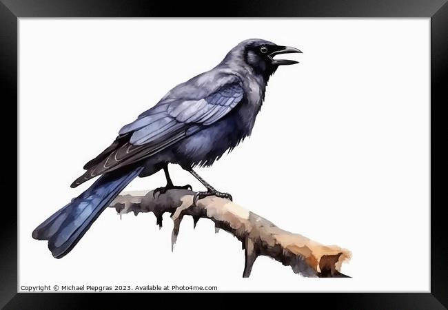 Watercolor jackdaw on a white background created with generative Framed Print by Michael Piepgras
