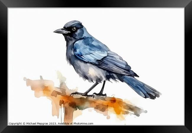 Watercolor jackdaw on a white background created with generative Framed Print by Michael Piepgras