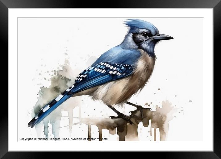 Watercolor painted jay bird on a white background. Framed Mounted Print by Michael Piepgras