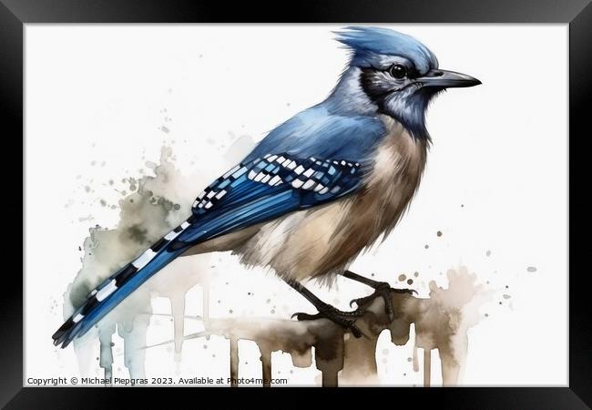 Watercolor painted jay bird on a white background. Framed Print by Michael Piepgras