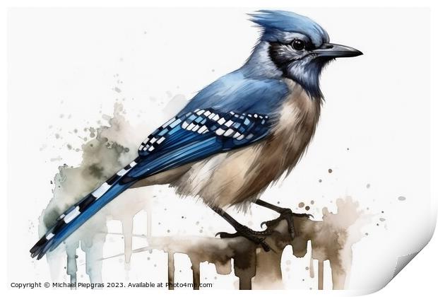 Watercolor painted jay bird on a white background. Print by Michael Piepgras