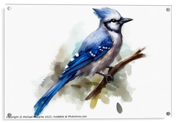 Watercolor painted jay bird on a white background. Acrylic by Michael Piepgras