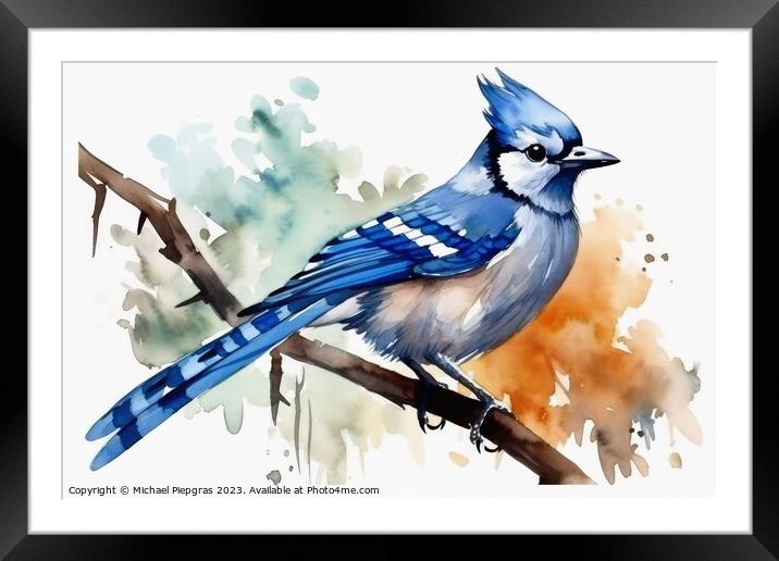 Watercolor painted jay bird on a white background. Framed Mounted Print by Michael Piepgras