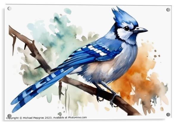 Watercolor painted jay bird on a white background. Acrylic by Michael Piepgras