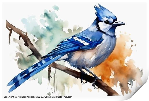 Watercolor painted jay bird on a white background. Print by Michael Piepgras