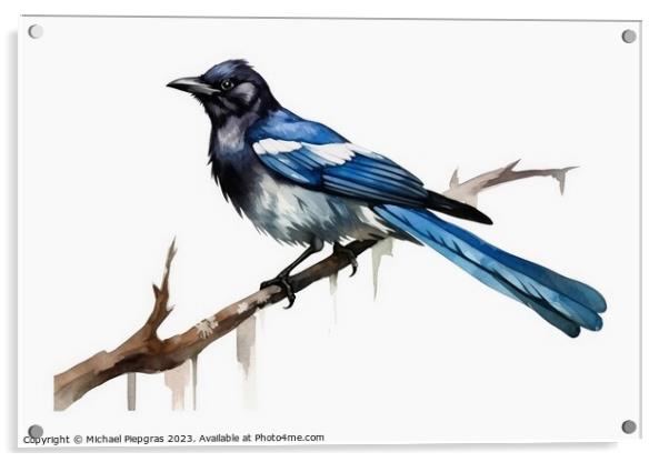 Watercolor painted magpie on a white background. Acrylic by Michael Piepgras