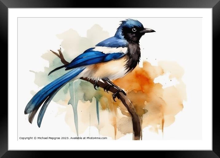 Watercolor painted magpie on a white background. Framed Mounted Print by Michael Piepgras