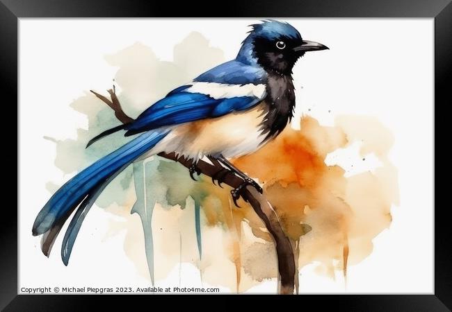 Watercolor painted magpie on a white background. Framed Print by Michael Piepgras