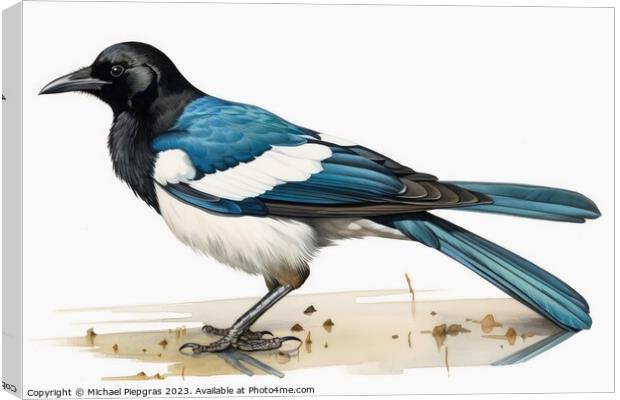 Watercolor painted magpie on a white background. Canvas Print by Michael Piepgras