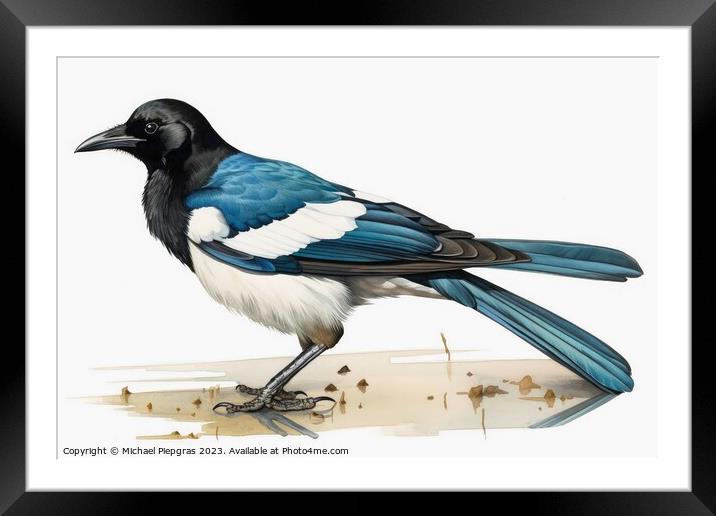 Watercolor painted magpie on a white background. Framed Mounted Print by Michael Piepgras